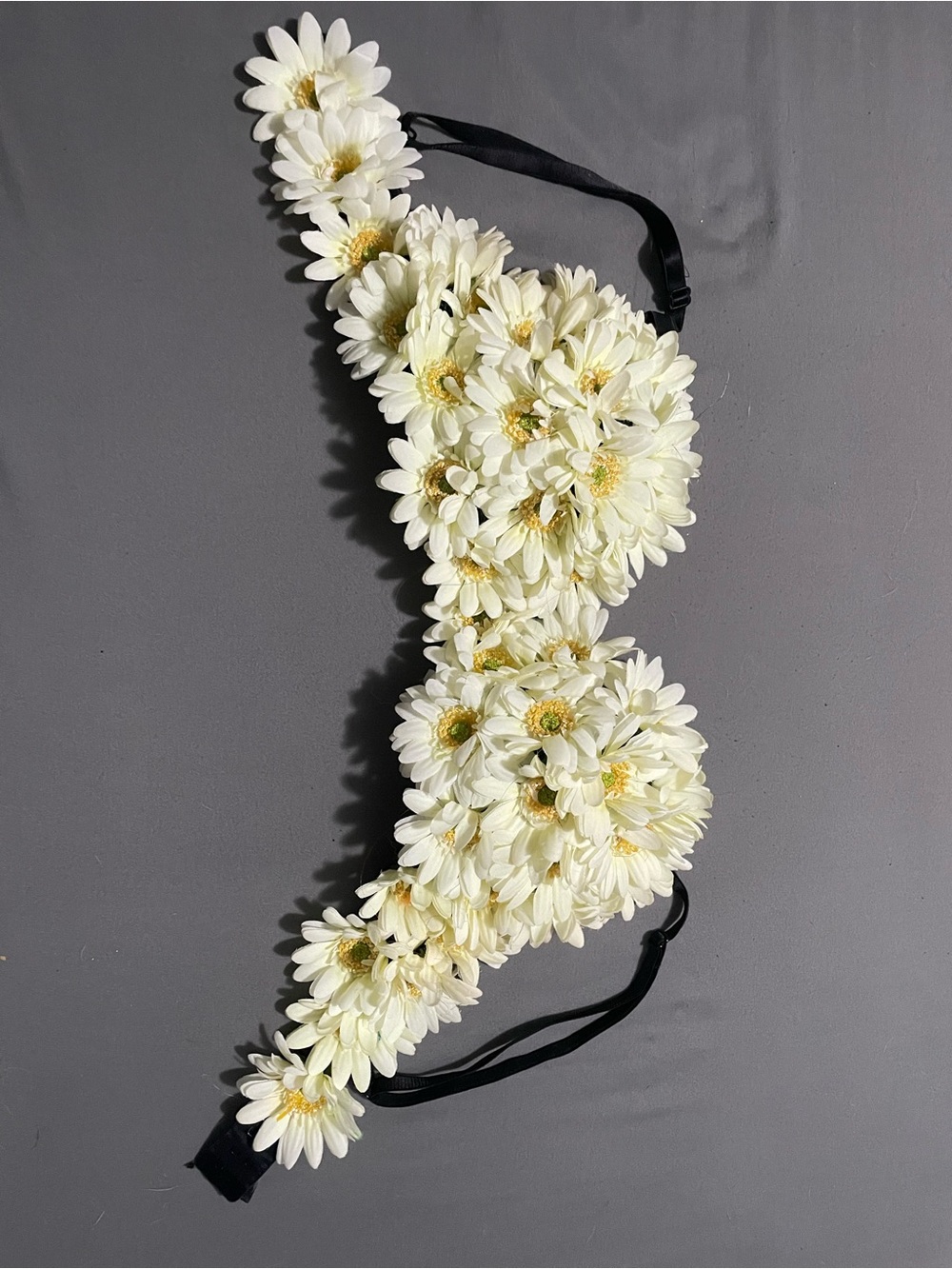 Floral Daisy Appliqué Bra in White with Black Straps